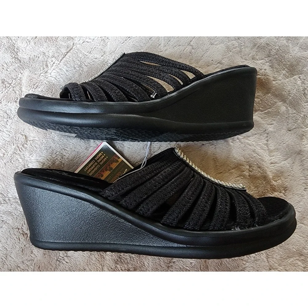 Skechers Cali Rumblers Hot Shot Black Wedge Sandals Rhinestone Womens 9 Wide